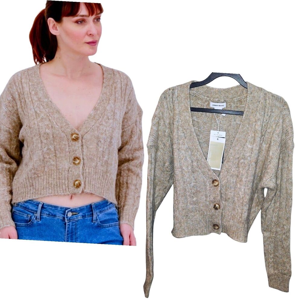 Urban Revivo Sz 4 New! Tan Button Up L/S Preppy Knit Academia Cardigan Sweater